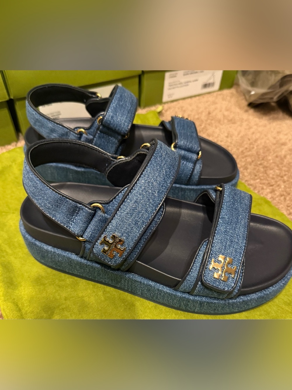 Tory Burch Kids Denim Blue Platform Sandals with Gold Logo - Picture 6 of 6